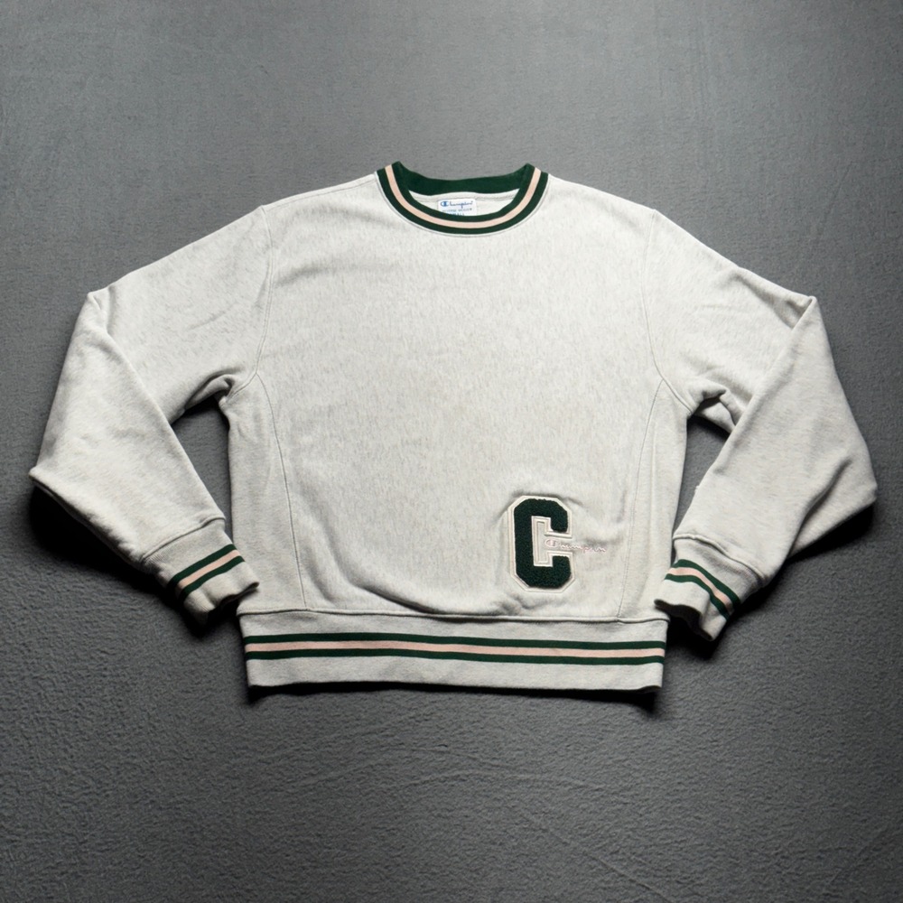 Champion Reverse Weave Sweatshirt Small Grey Green Pink Stripe Chenille Patch C